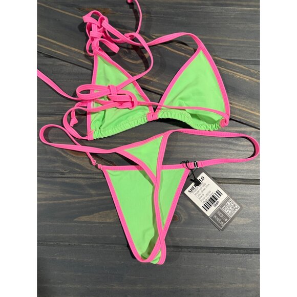 Neon Green & Pink Sherrylo Bikini Set Halter Top & Adjustable Bottom Size M - Picture 2 of 5